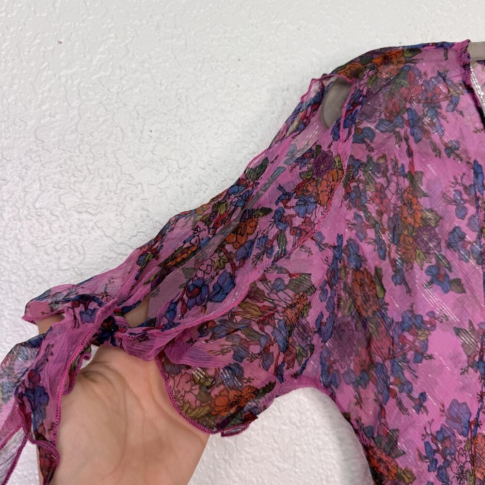 Angie Y2K Top Womens Medium Floral Sheer Boho Handkerchief Hem Beaded Blouse NEW - Picture 3 of 9